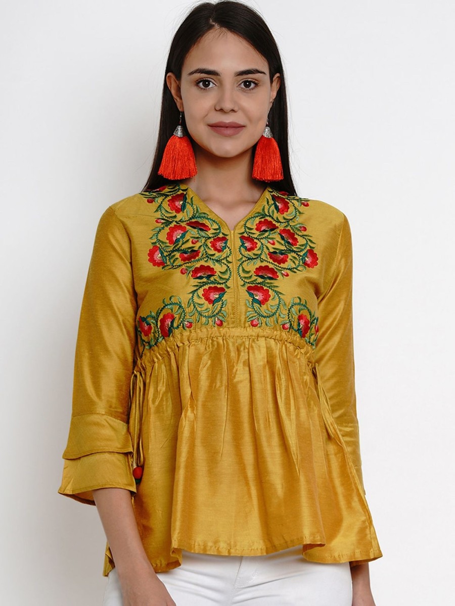 Women Wahe-NOOR | Women'S Mustard Yellow Embroidered Top - Wahe-Noor