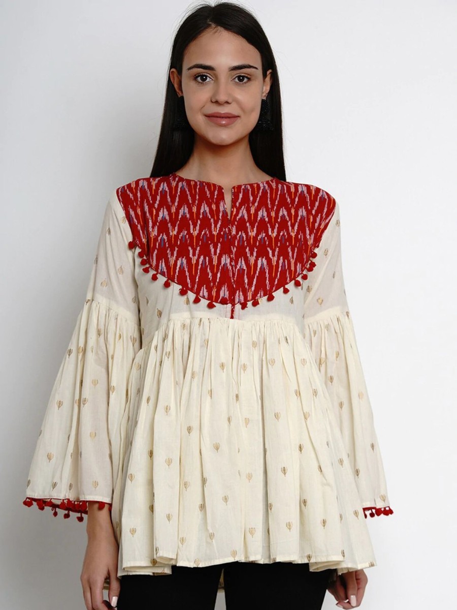 Women Wahe-NOOR | Women'S Cream-Coloured U0026 Red Printed Peplum Top - Wahe-Noor