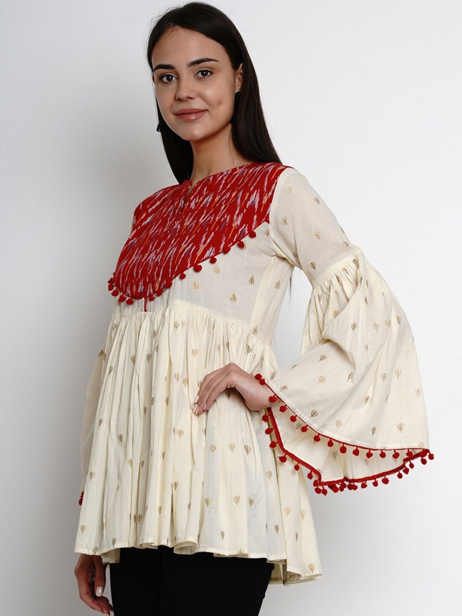 Women Wahe-NOOR | Women'S Cream-Coloured U0026 Red Printed Peplum Top - Wahe-Noor