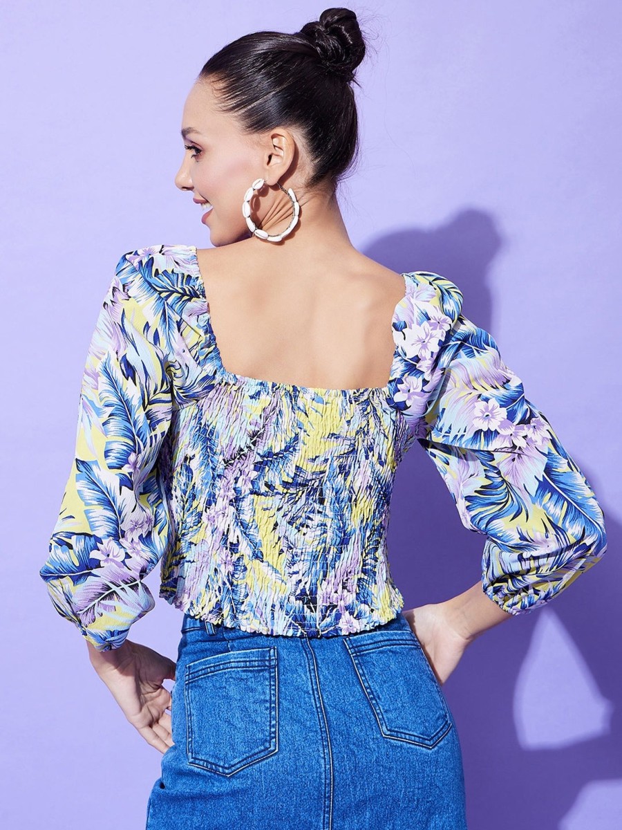 Women StyleStone | Women'S Floral Top With Smocking Detail - Stylestone Blue