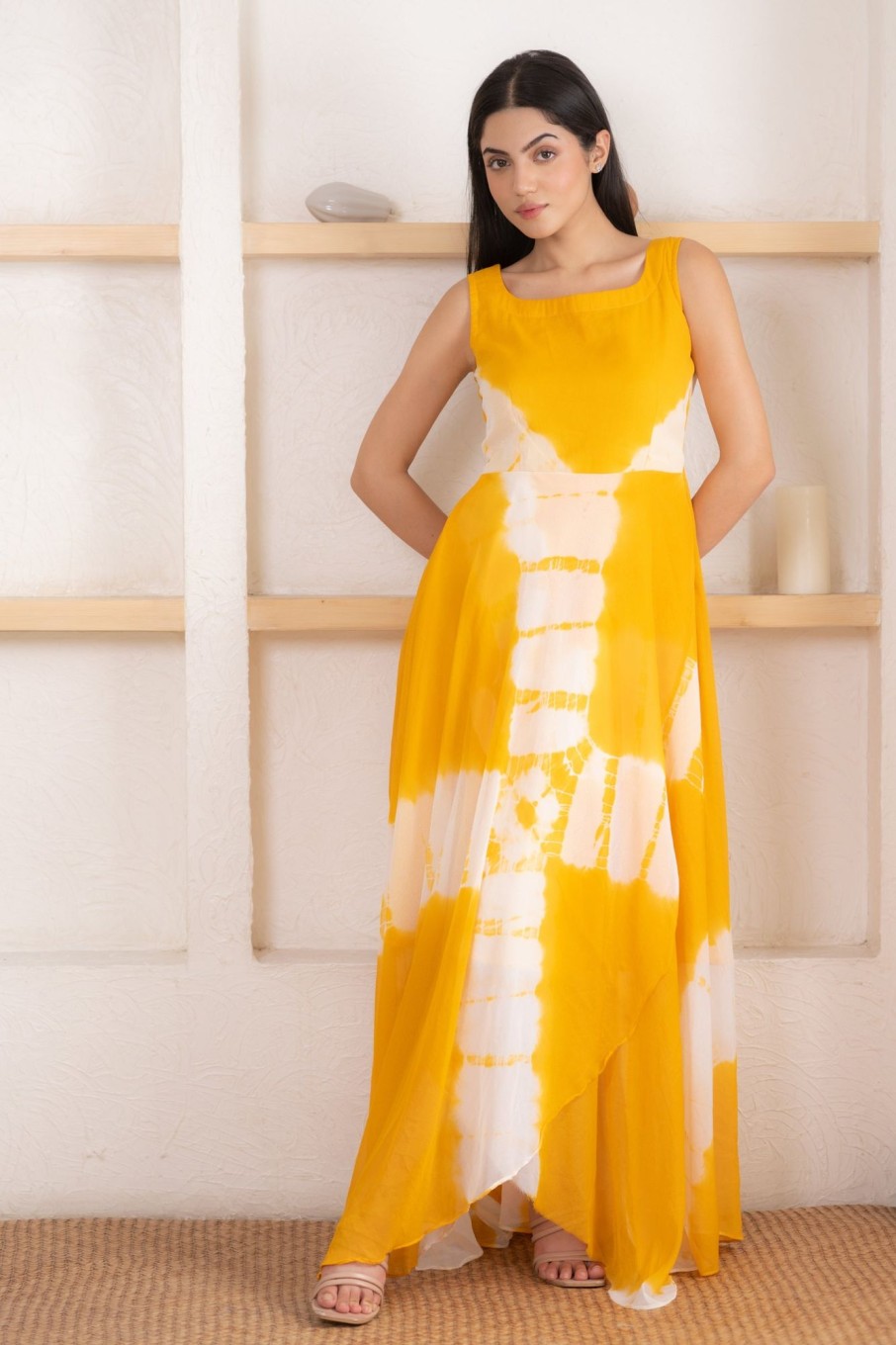 Women SARAS THE LABEL | Women'S Yellow Shibori Dyed Yellow Gown By Saras The Label (1 Pc Set)