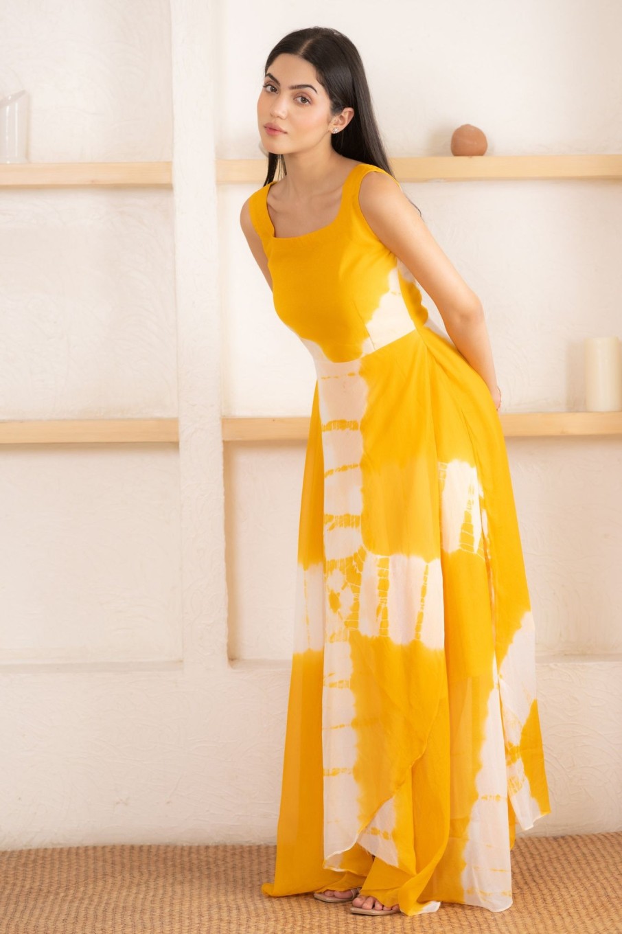 Women SARAS THE LABEL | Women'S Yellow Shibori Dyed Yellow Gown By Saras The Label (1 Pc Set)