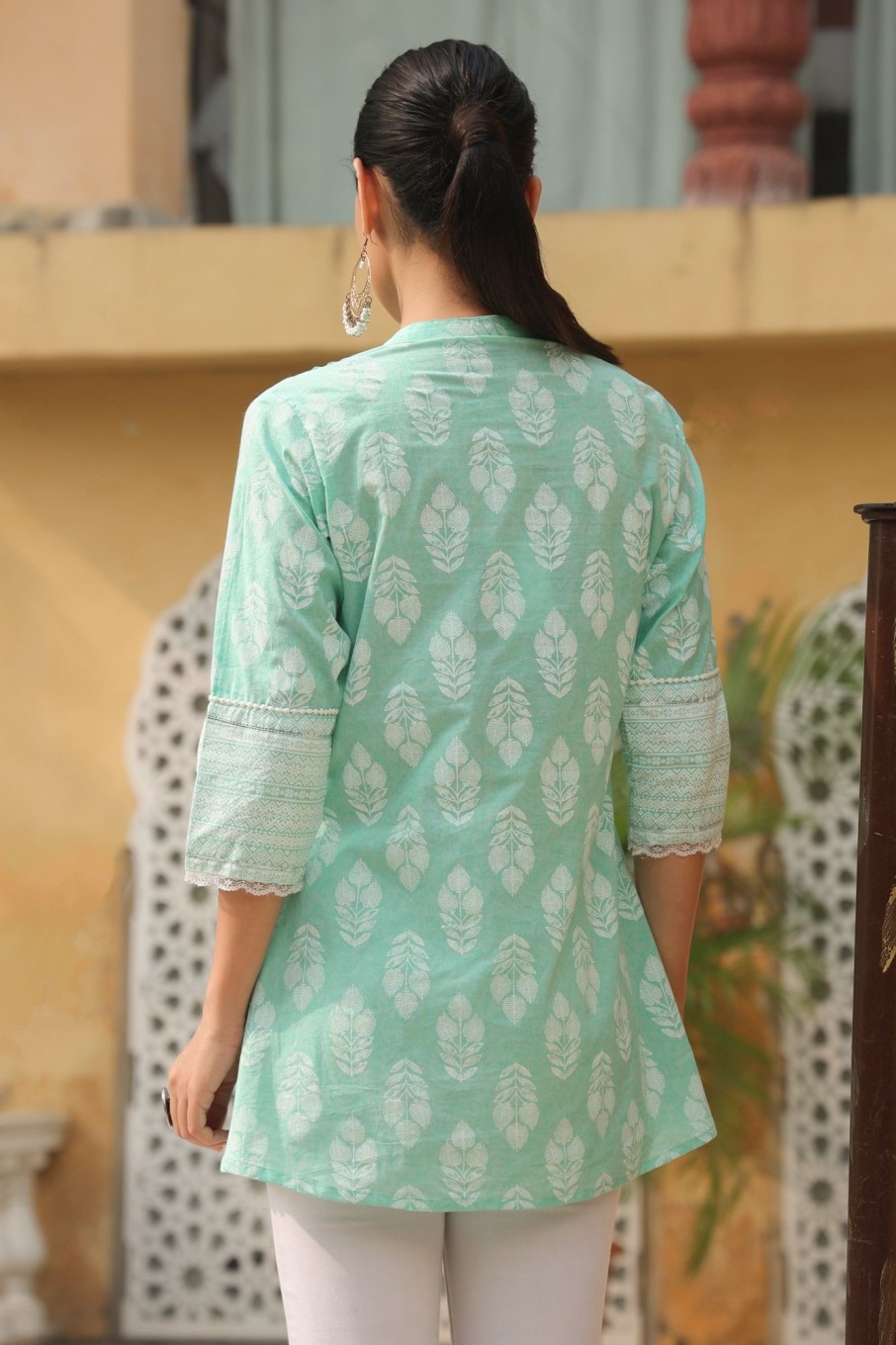 Women Juniper | Women'S Mint Cotton Cambric Printed A-Line Tunic - Juniper Green