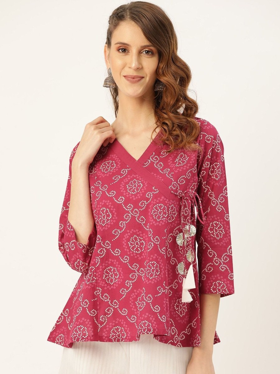 Women SASSAFRAS | Women'S Fuchsia Bandhej Angrakha Top - Sassafras