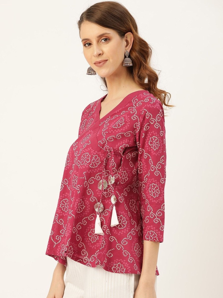 Women SASSAFRAS | Women'S Fuchsia Bandhej Angrakha Top - Sassafras