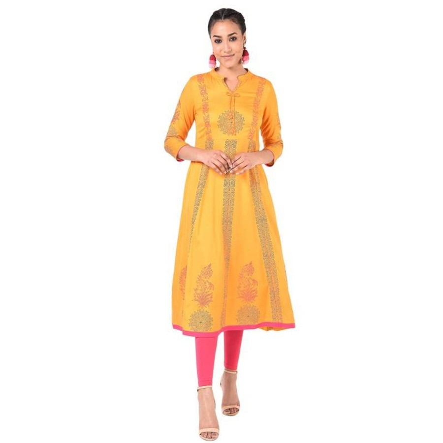 Women Aniyah | Women'S Floral Print Anarkali Kurta - Aniyah Mustard