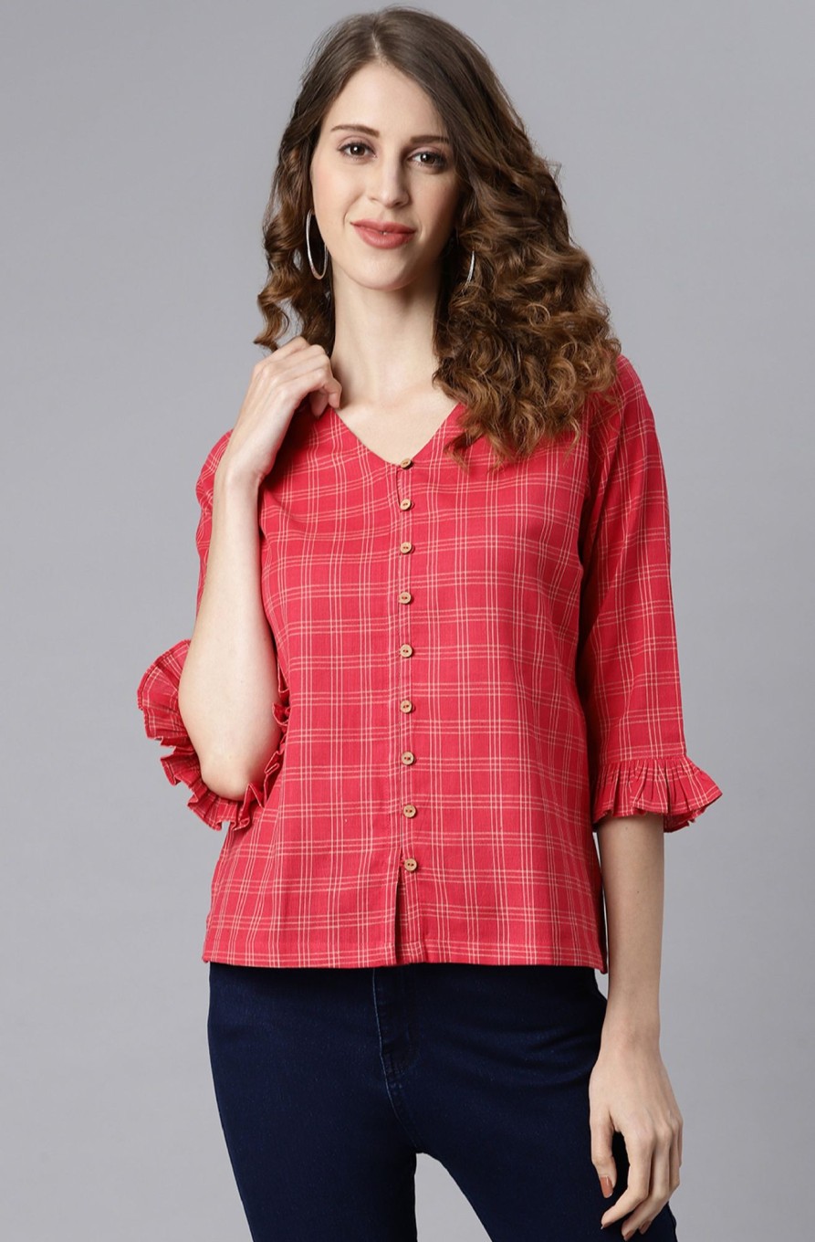 Women Janasya | Women'S Cotton Checke Regular Product Type-Tops - Janasya Red