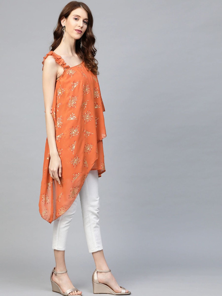 Women Ahalyaa | Women'S Rust U0026 Golden Printed One Sleeve Asymmetric Layered Tunic- Ahalyaa Orange