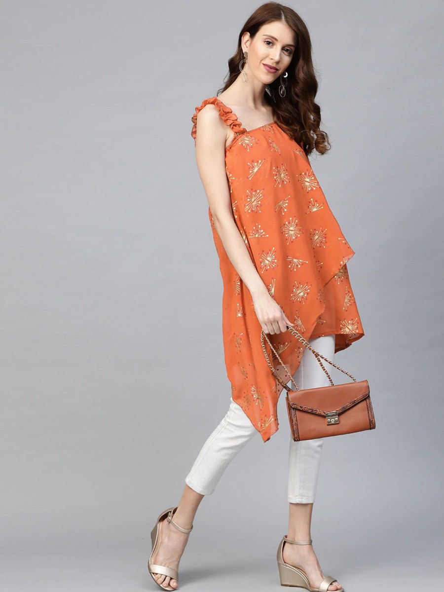 Women Ahalyaa | Women'S Rust U0026 Golden Printed One Sleeve Asymmetric Layered Tunic- Ahalyaa Orange