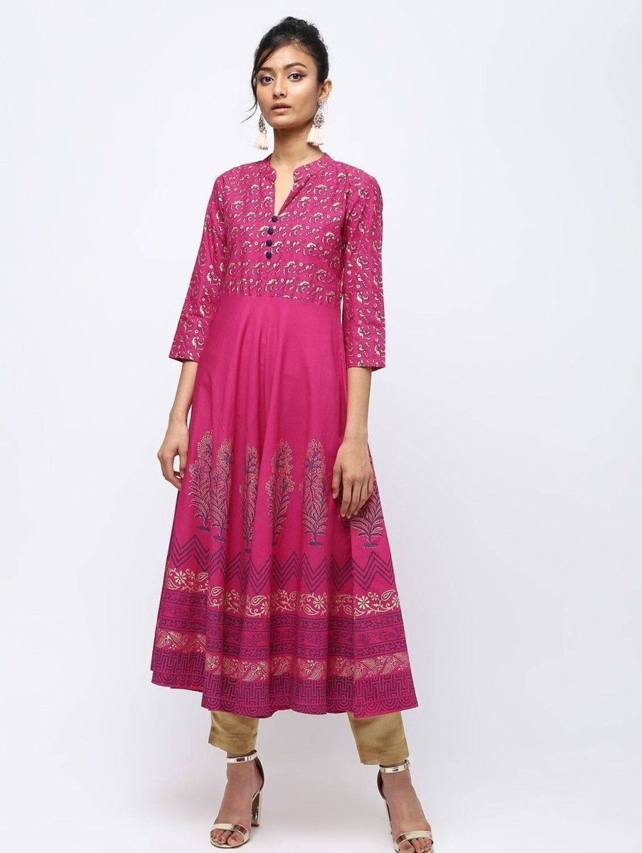 Women CHEERA | Women'S Magenta Flair Anarkali With Colorful Print Kurta - Cheera Wine