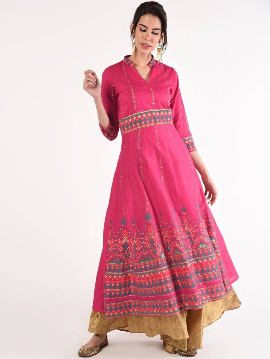 Women CHEERA | Women'S Magenta Cotton Hand Block Print Ghagra Style Anarkali Kurta Only - Cheera Wine