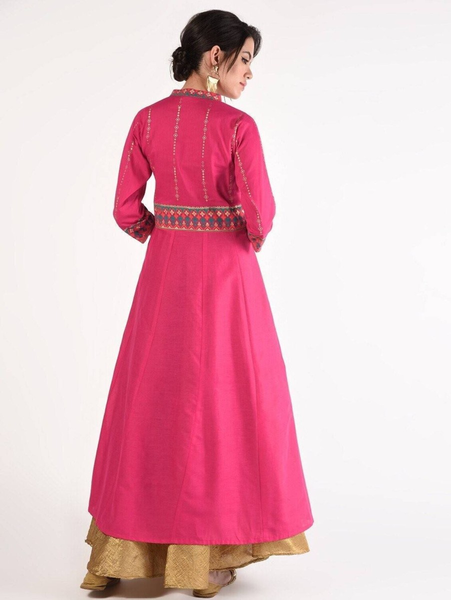 Women CHEERA | Women'S Magenta Cotton Hand Block Print Ghagra Style Anarkali Kurta Only - Cheera Wine