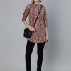 Women Nayo Clothing USA | Women'S Maroon Printed Tunic With Mandarin Collar U0026 Three Quarter Sleeves - Nayo Clothing Usa