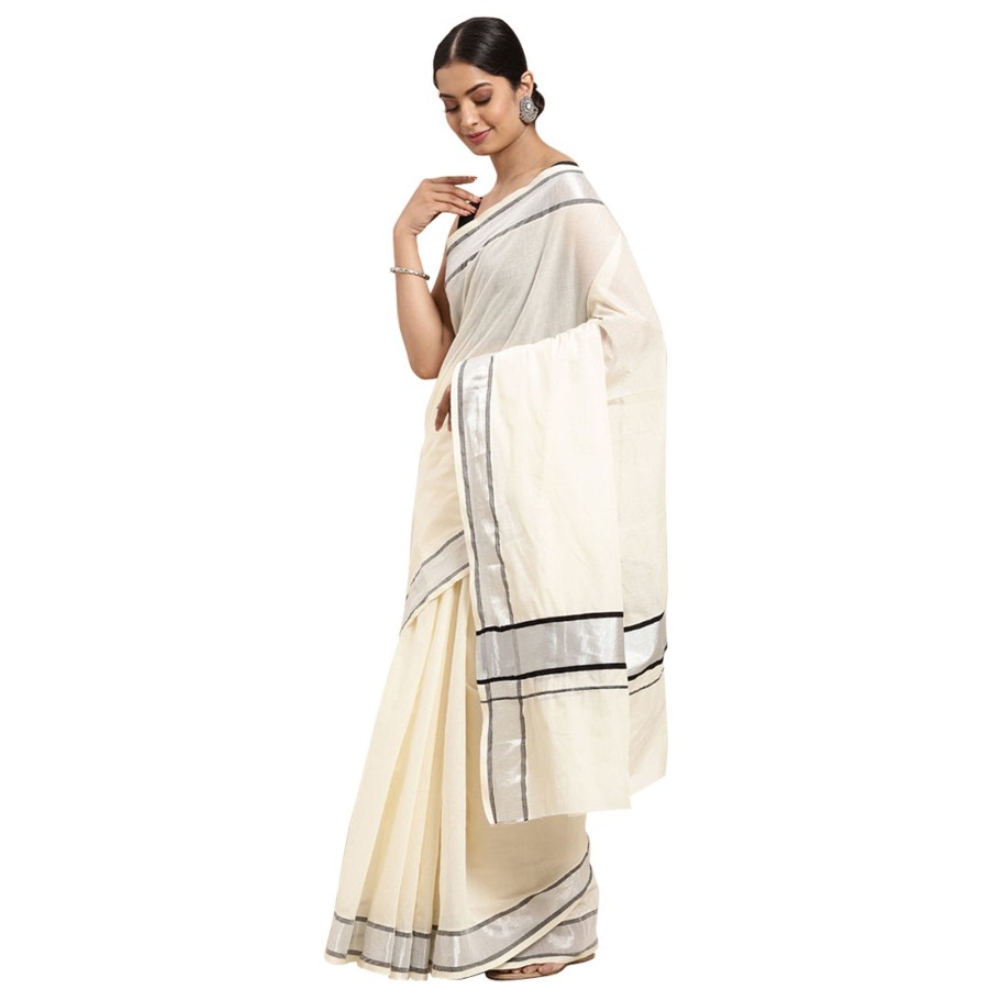 Women THARA SAREES | Women'S Offwhite Color Thara Sarees Kerala Cotton Kasavu Saree - Thara Sarees Off White