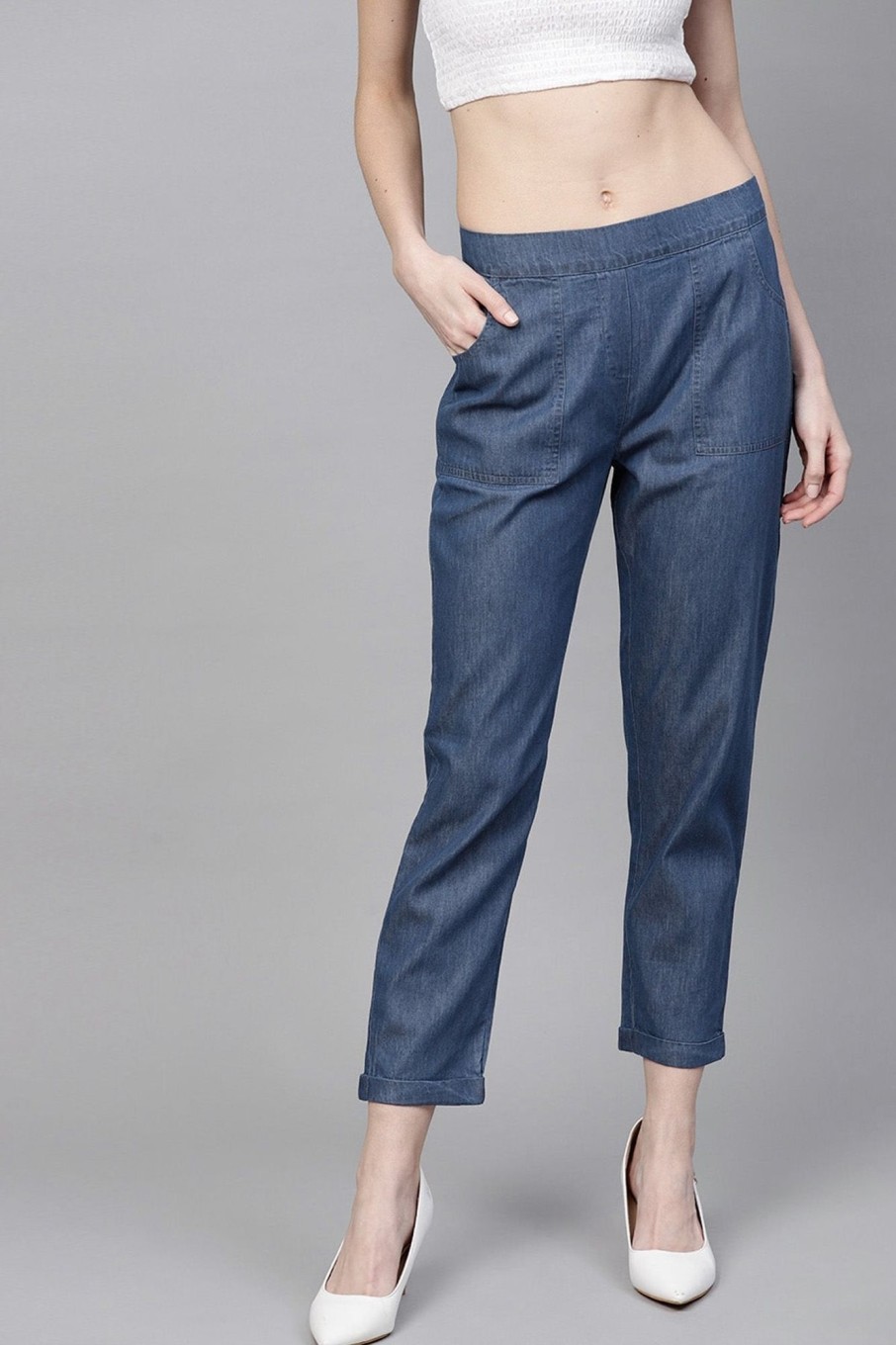 Women Final Clearance Sale | Women'S Blue Denim Tapered Roll-Up Pants - Final Clearance Sale