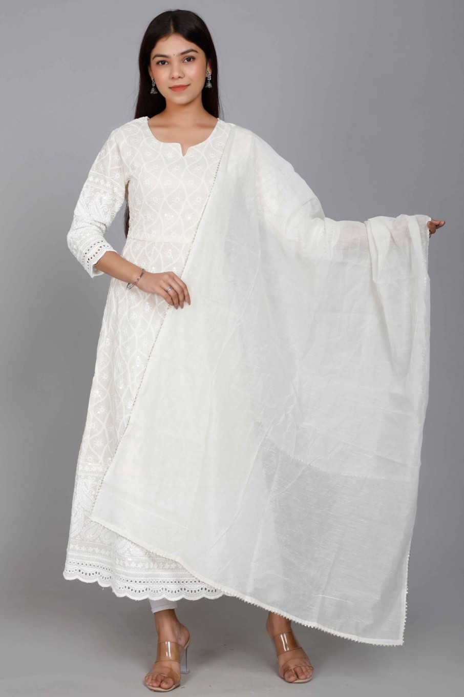 Women Miravan | Women'S Plus Size Chikankari Thread Work Anarkali Kurta With Dupatta - Miravan Beige