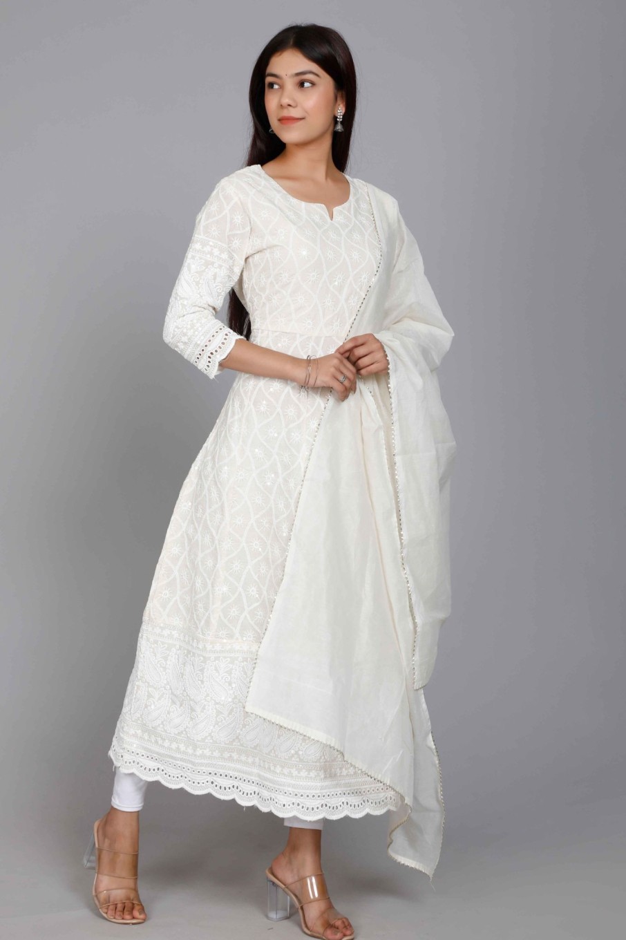 Women Miravan | Women'S Plus Size Chikankari Thread Work Anarkali Kurta With Dupatta - Miravan Beige