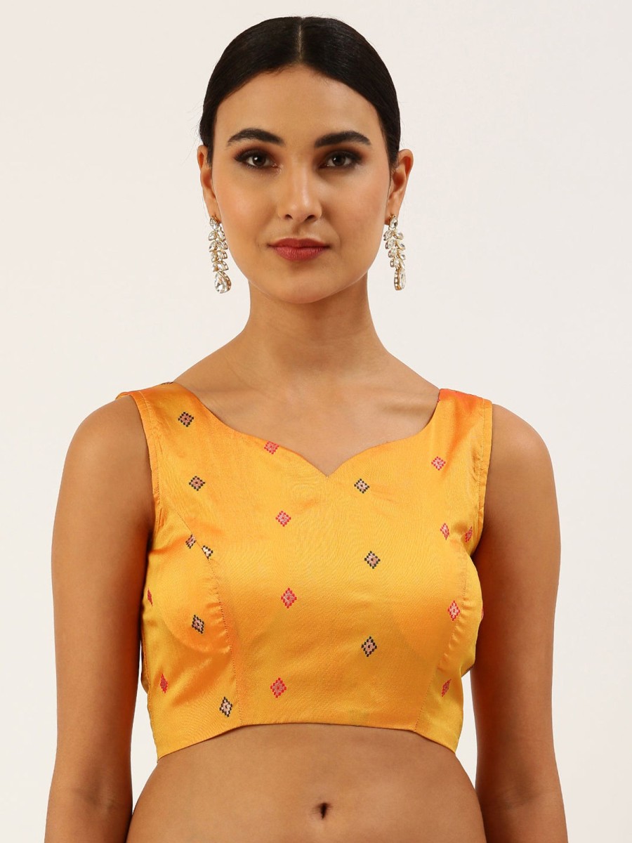 Women Royal Dwells | Women'S Mustard Toned Ethnic Motif Brocade Readymade Blouse - Royal Dwells