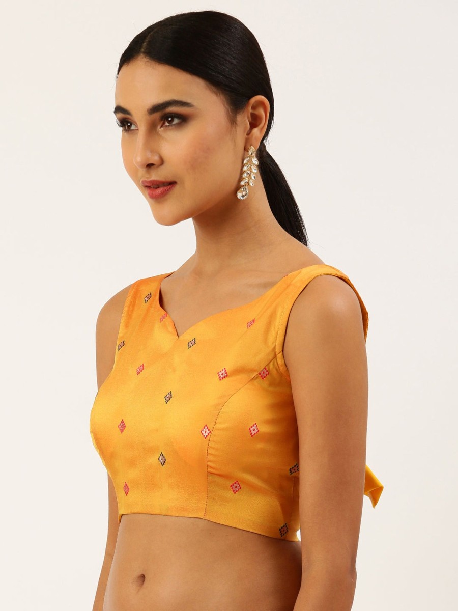 Women Royal Dwells | Women'S Mustard Toned Ethnic Motif Brocade Readymade Blouse - Royal Dwells