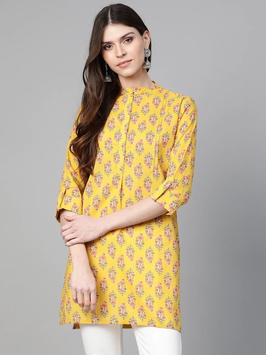 Women Wahe-NOOR | Women'S Mustard Yellow U0026 Pink Floral Print Tunic - Wahe-Noor