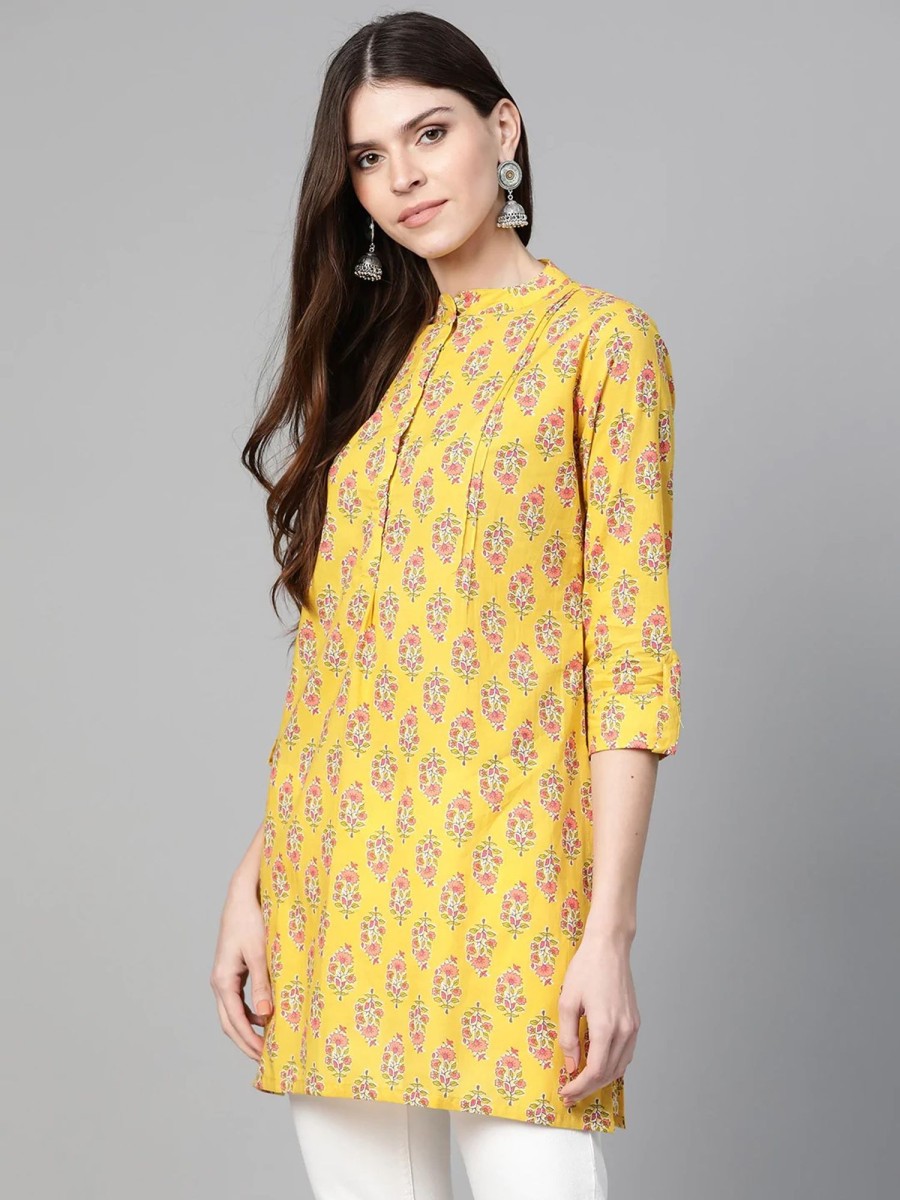 Women Wahe-NOOR | Women'S Mustard Yellow U0026 Pink Floral Print Tunic - Wahe-Noor