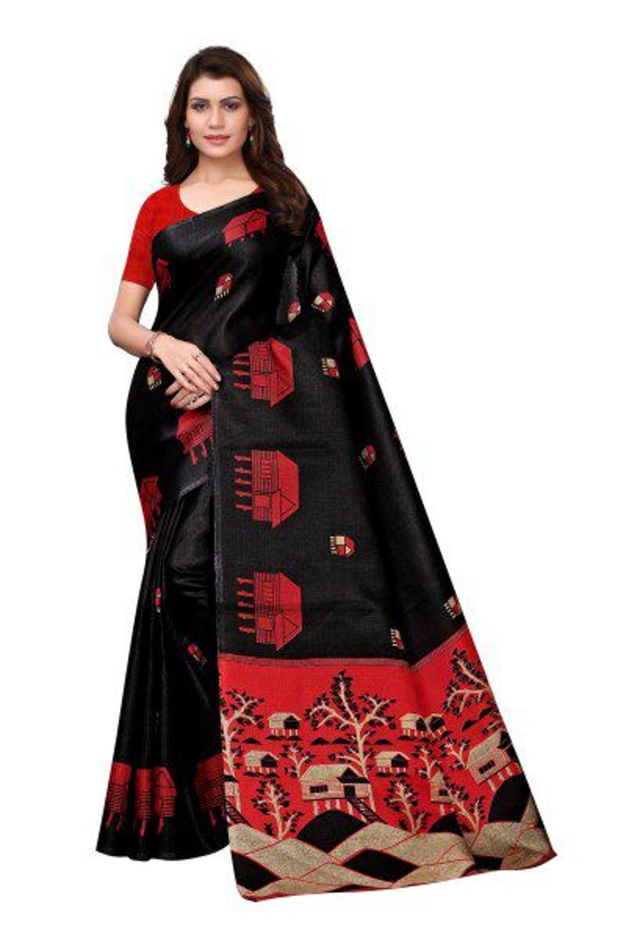 Women Vamika | Women'S Vamika Sea Green Kalamkari With Jhalar Khadi Silk Saree Farm House Vamika Black