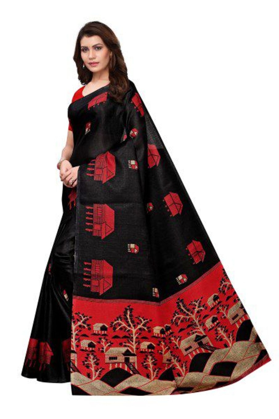 Women Vamika | Women'S Vamika Sea Green Kalamkari With Jhalar Khadi Silk Saree Farm House Vamika Black