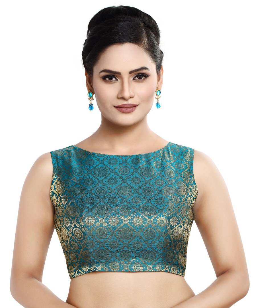 Women Madhu Fashion | Women'S Polyester Sleeveless Readymade Saree Blouse - Madhu Fashion Green