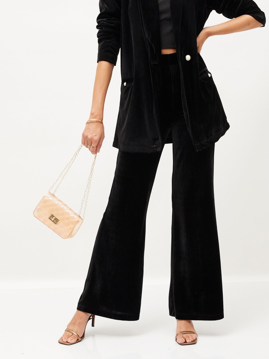 Women Lyush | Women'S Black Velvet Bell Bottom Pants - Lyush