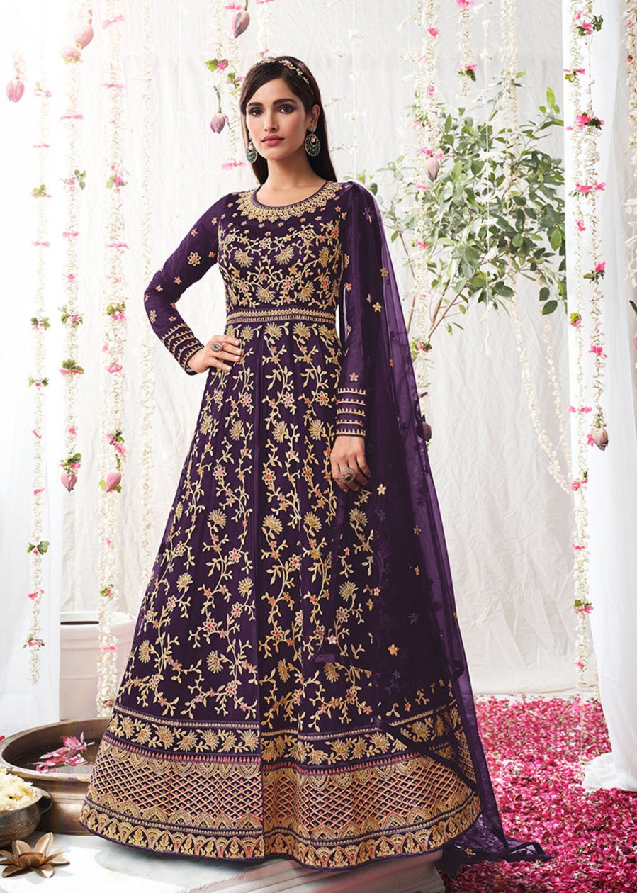 Women Monjolika | Women'S Dark Soft Net Semi Stitched Embroidered Wedding Dress - Monjolika Violet