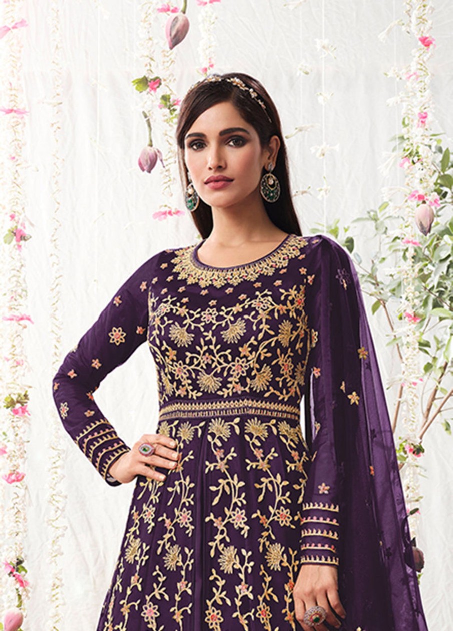 Women Monjolika | Women'S Dark Soft Net Semi Stitched Embroidered Wedding Dress - Monjolika Violet