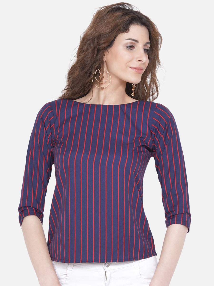 Women Wahe-NOOR | Women'S Blue Striped Crepe Top - Wahe-Noor