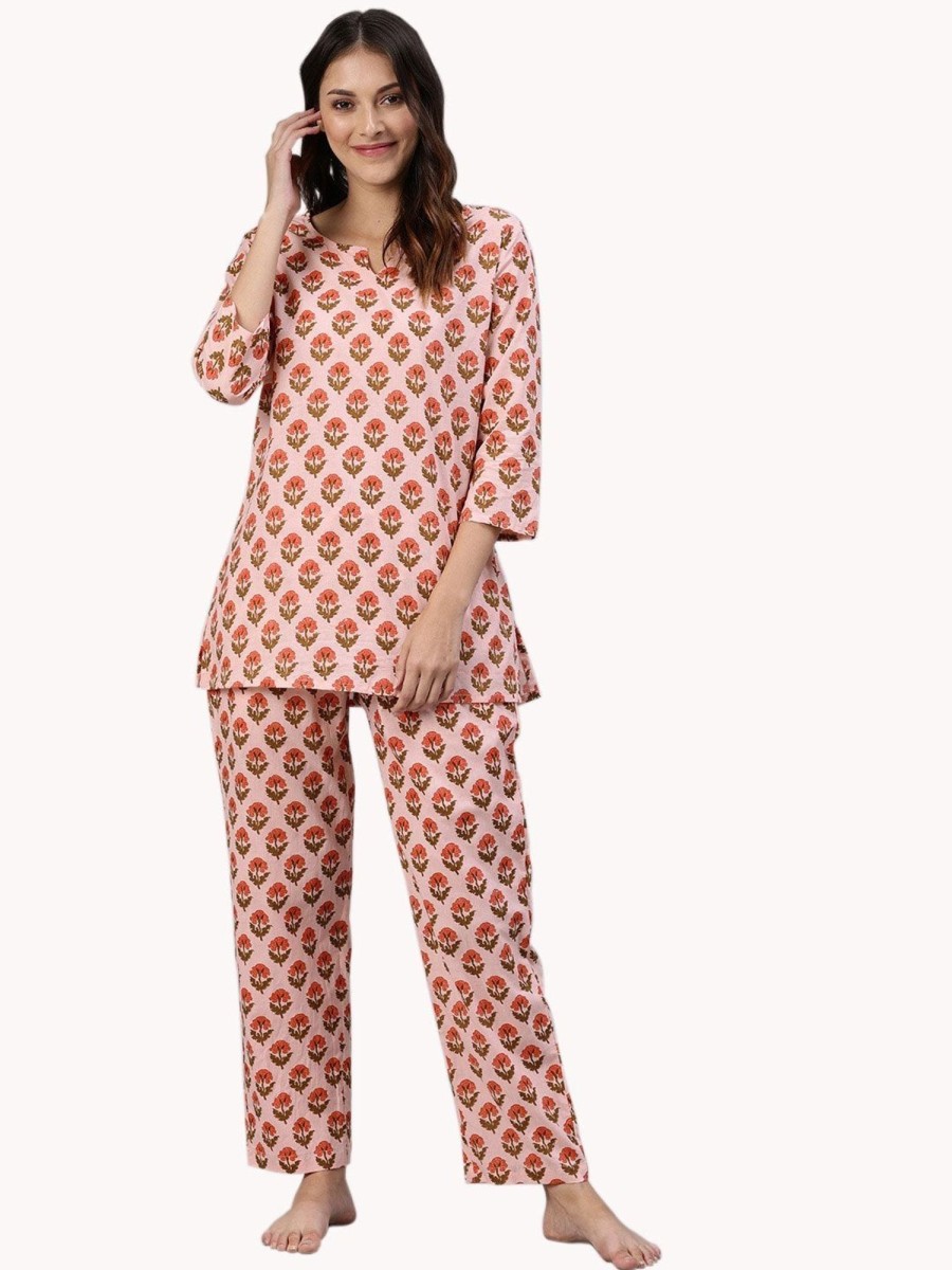 Women Divena | Women'S Pink Cotton Loungewear /Nightwear Set - Divena