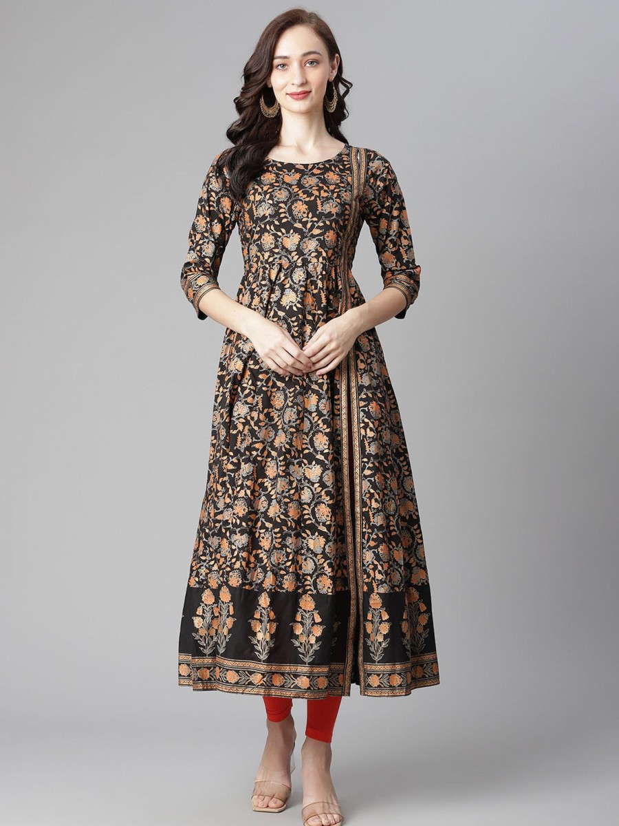 Women Final Clearance Sale | Women'S Cotton Printed Anarkali Kurta With Legging - Final Clearance Sale Black