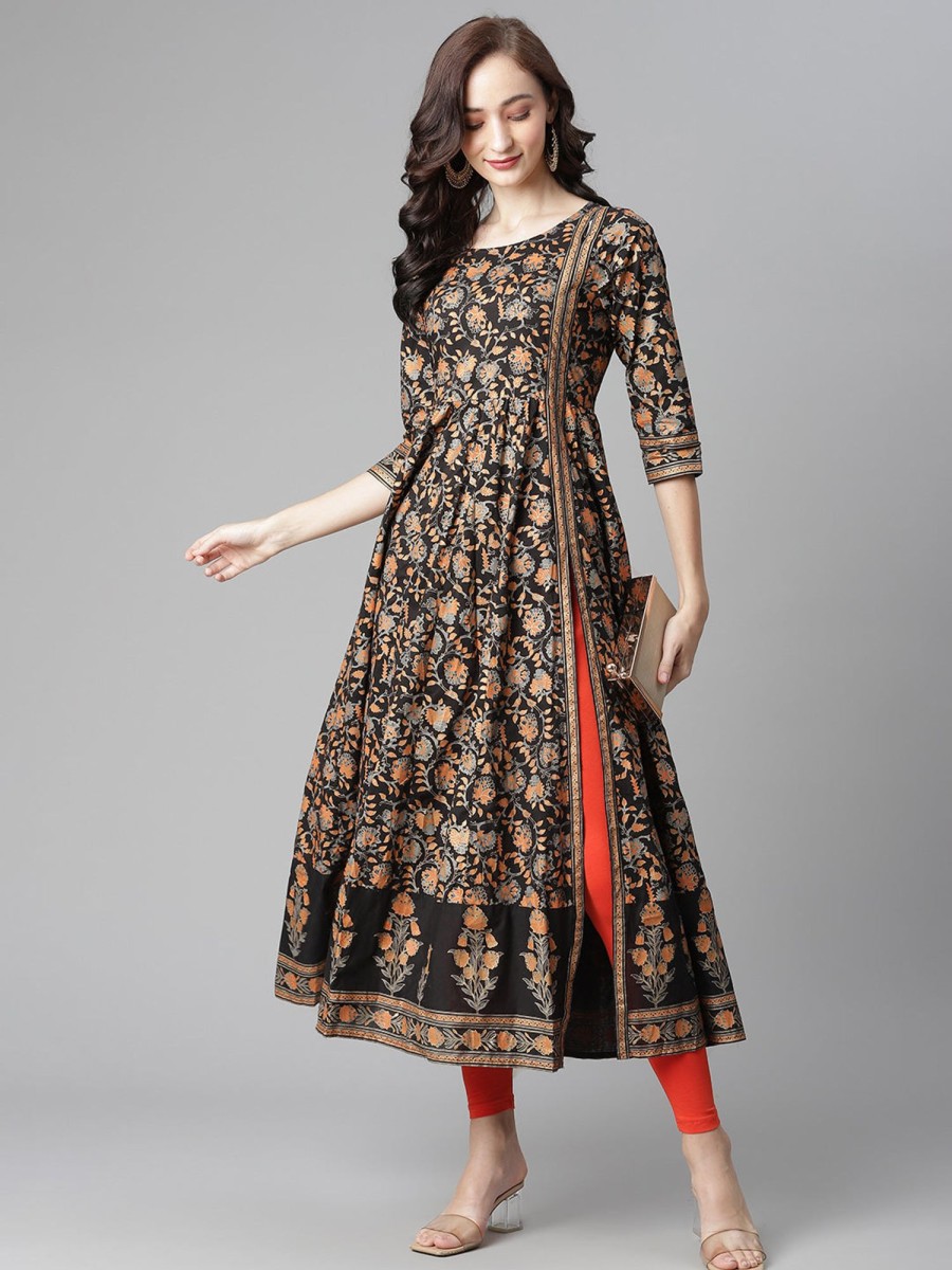 Women Final Clearance Sale | Women'S Cotton Printed Anarkali Kurta With Legging - Final Clearance Sale Black