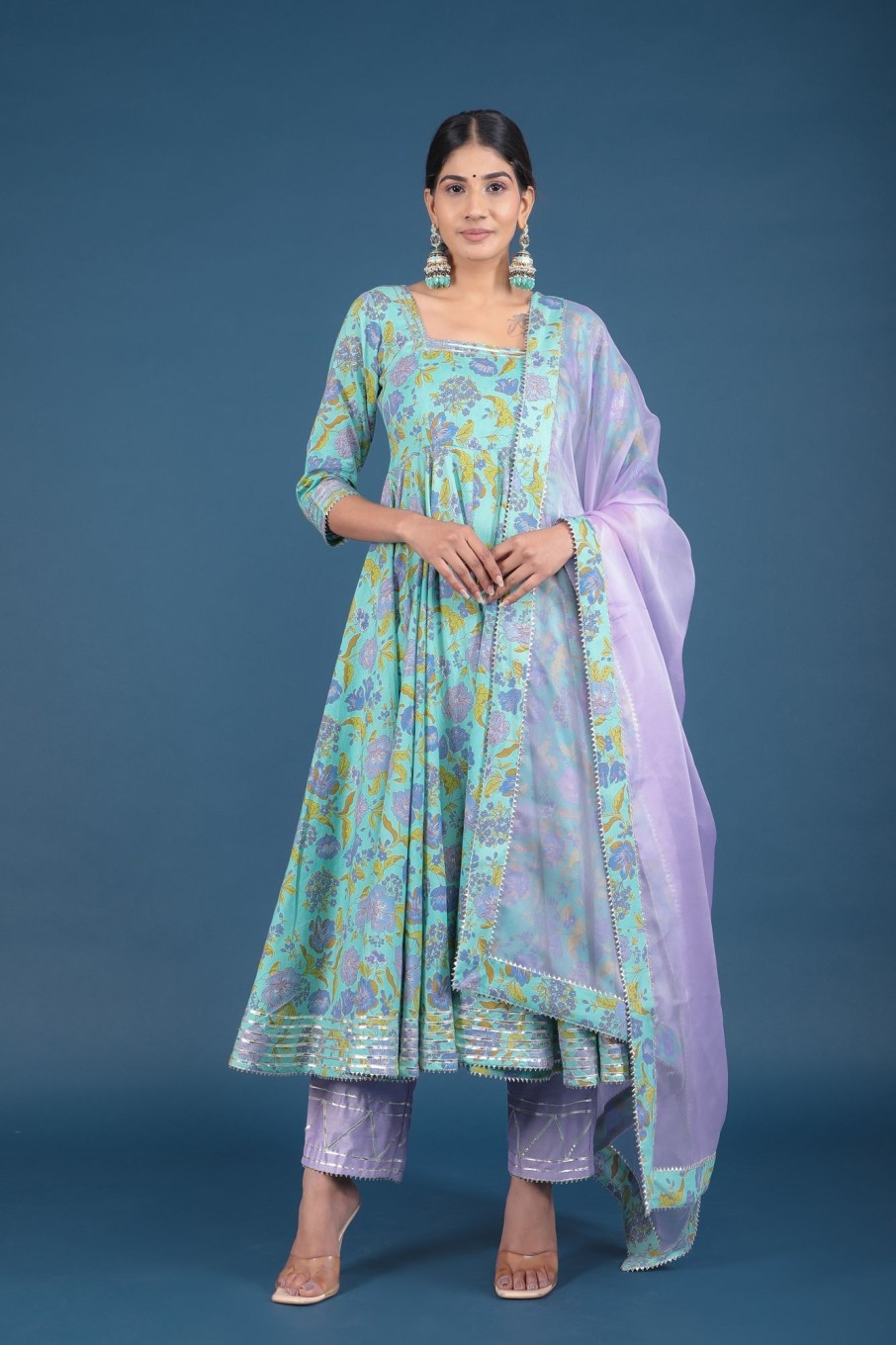 Women Pomcha Jaipur | Women'S Sufia Cotton Anarkali Set - Pomcha Jaipur Blue