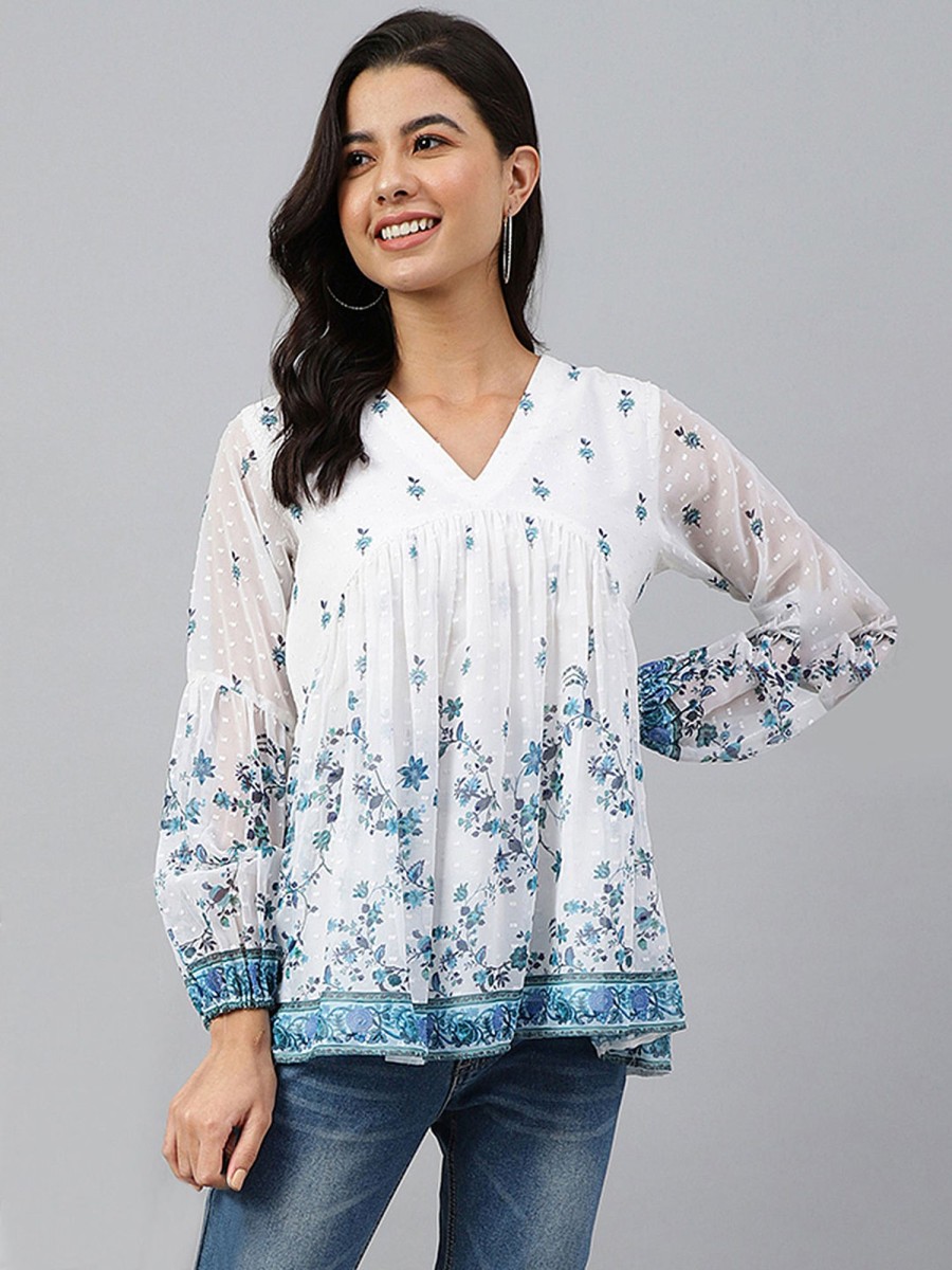 Women Janasya | Women'S Digital Print Georgette Tops - Janasya White