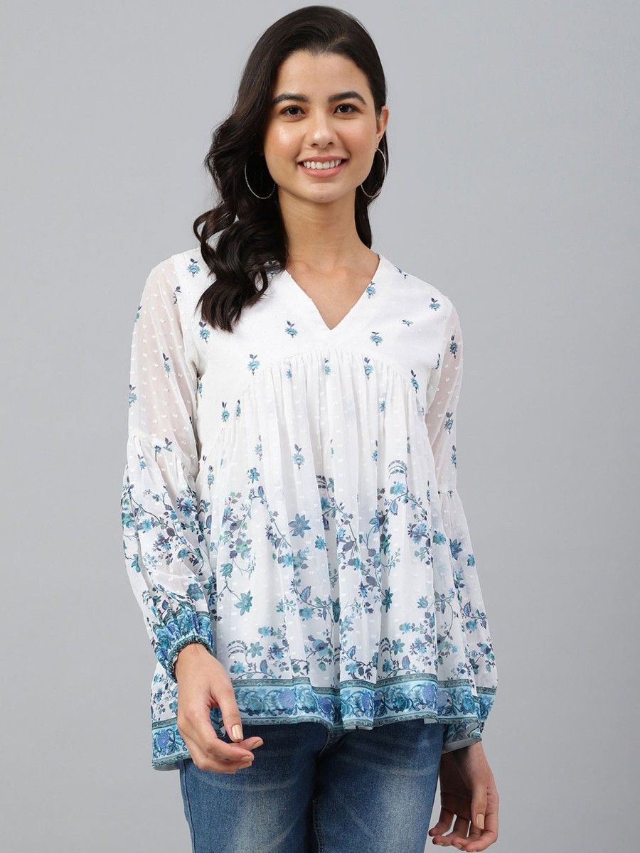 Women Janasya | Women'S Digital Print Georgette Tops - Janasya White