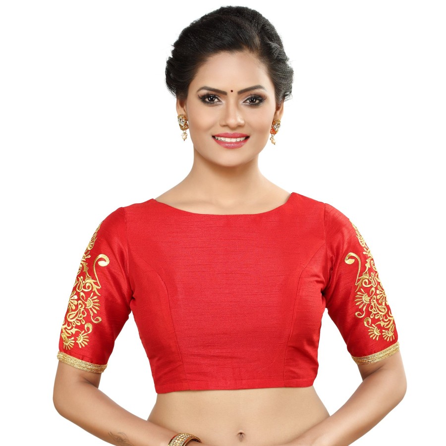 Women Madhu Fashion | Women'S Poly Raw Silk Readymade Saree Blouse With Embroide Sleeves - Madhu Fashion Red