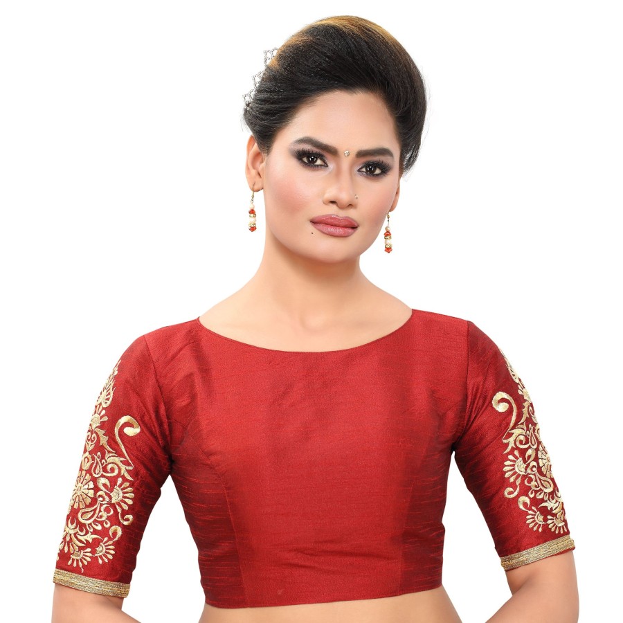 Women Madhu Fashion | Women'S Poly Raw Silk Readymade Saree Blouse With Embroidered Sleeves - Madhu Fashion Maroon