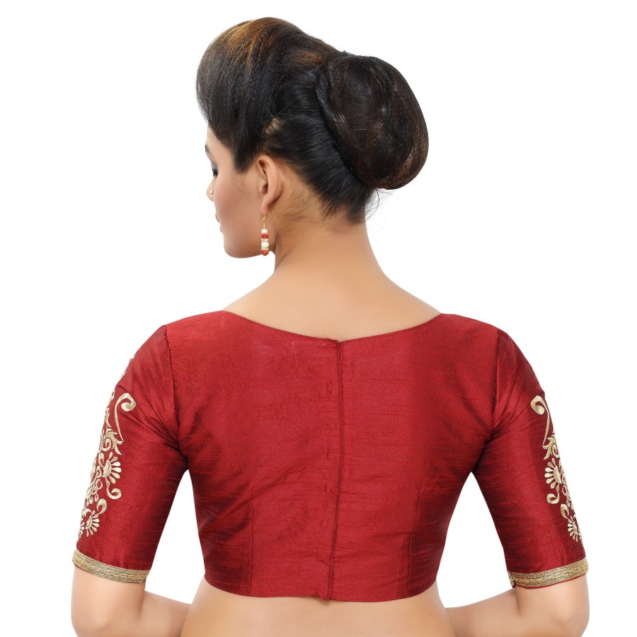 Women Madhu Fashion | Women'S Poly Raw Silk Readymade Saree Blouse With Embroidered Sleeves - Madhu Fashion Maroon