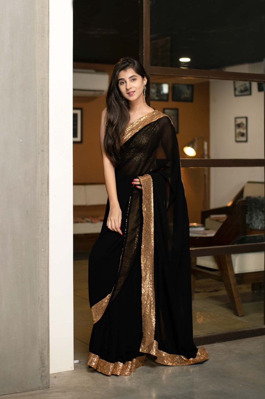 Women Label Shaurya Sanadhya | Women'S Black Georgette Saree With Blouse By Label Shaurya Sanadhya- (2Pcs Set)