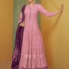 Women Monjolika | Women'S Rose Pink Faux Georgette Semi Stitched Embroide Designer Suit - Monjolika Red