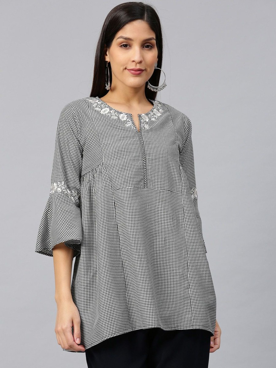 Women Bhama Couture USA | Women'S U0026 White Checked Embroidered Tunics - Bhama Couture Usa Black