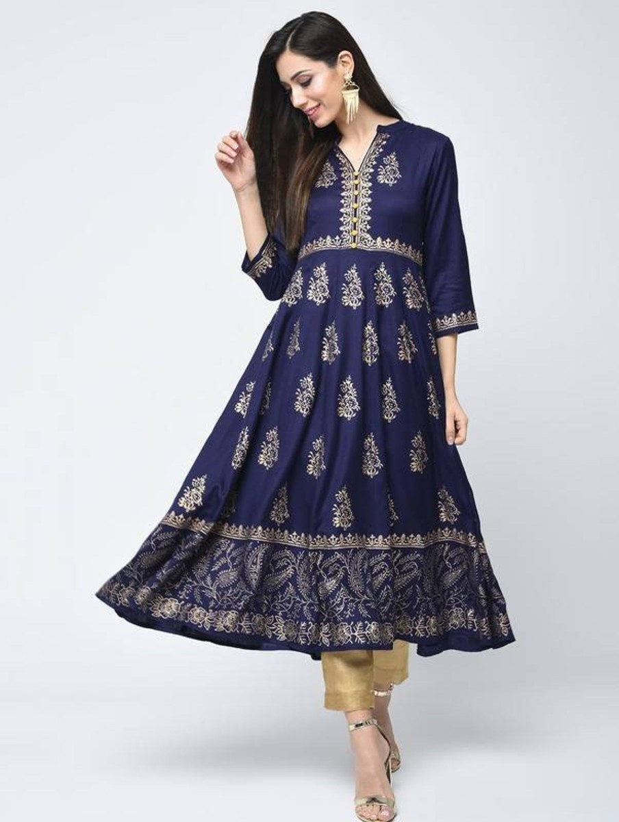 Women Aniyah | Women'S Block Printed Anarkali Kurta Blue