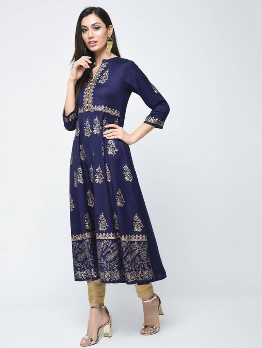 Women Aniyah | Women'S Block Printed Anarkali Kurta Blue