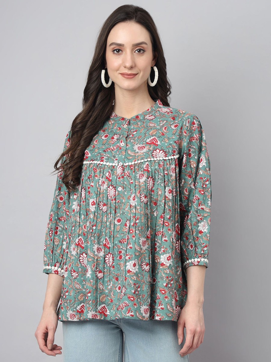 Women Janasya | Women'S Botanical Print Cotton Tops - Janasya Green