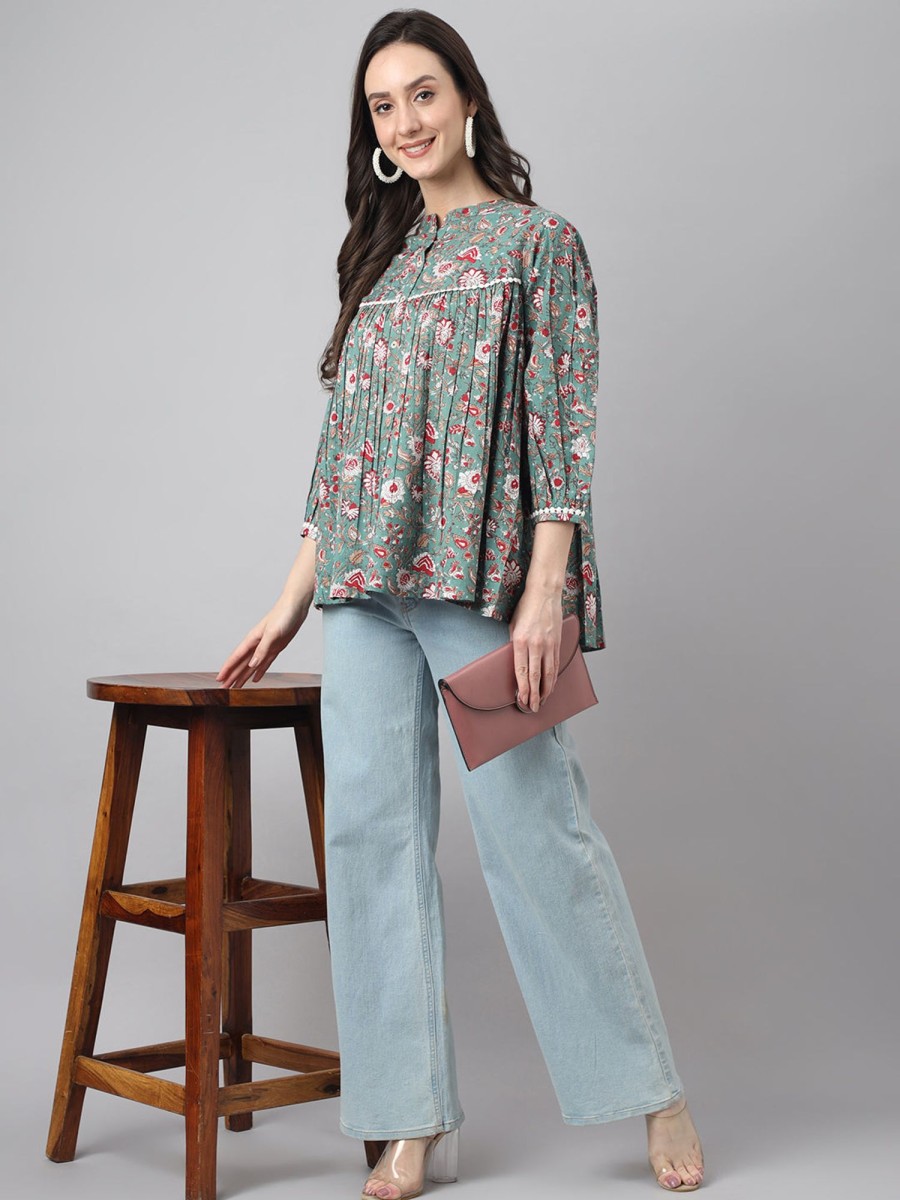 Women Janasya | Women'S Botanical Print Cotton Tops - Janasya Green