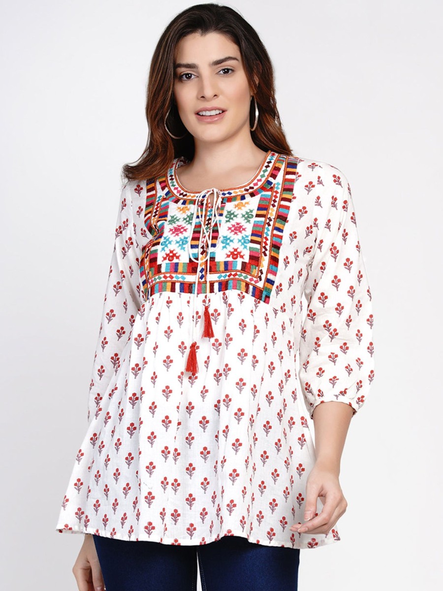 Women Bhama Couture USA | White Printed Tunic With Embroidery - Bhama Couture Usa