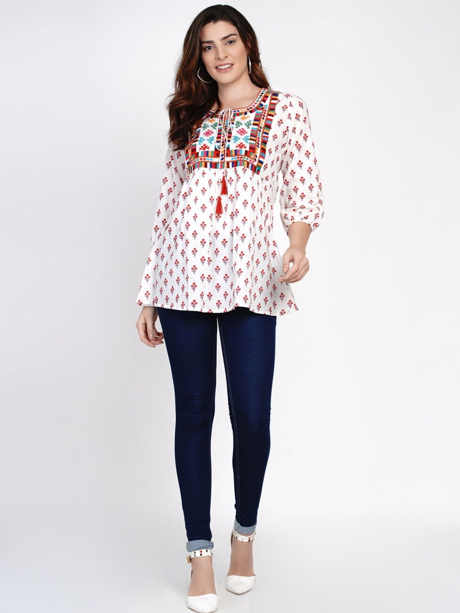 Women Bhama Couture USA | White Printed Tunic With Embroidery - Bhama Couture Usa